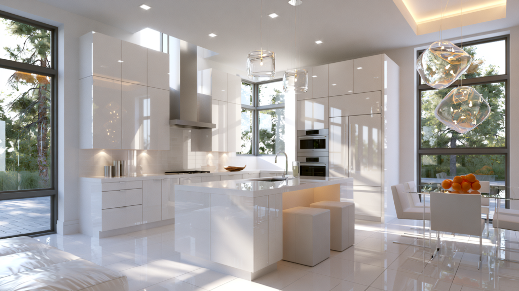 Use Natural Light and Striking Light Fixtures to Make the Kitchen Work Larger