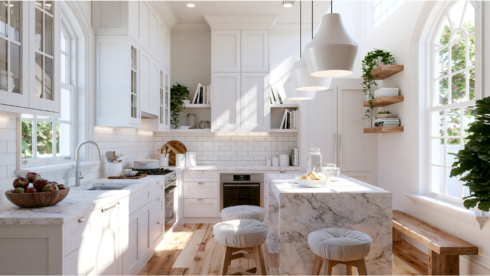 Use Natural Light and Striking Light Fixtures to Make the Kitchen Work Larger